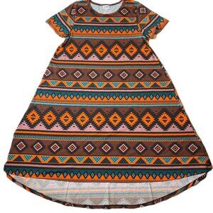 NEW LuLaRoe Carly S Brown Orange Stripe Aztec Swing Dress High Low Flowy NWT